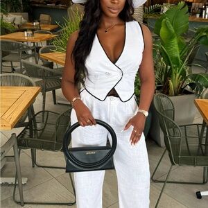 White Women's Two-Piece Set with Black Trim